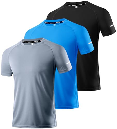 Boyzn 3 Pack Running Shirts for Men, Men's Active Quick Dry Crew Neck Sports T Shirts, Mesh Moisture Wicking T-Shirts for Men, Workout Athletic Gym T-Shirts Tee Tops for Men Black/Gray/Blue-3P02-L