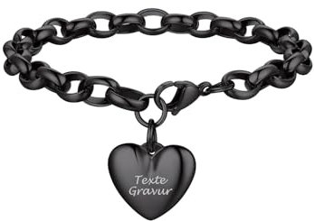 Bandmax 22cm Armband mit Gravur Edelstahl Kette Herz Armband Schwarz Damen Mädchen Armband mit Herz Ankerkette Gliederarmband Kette Schmuck für Weihnachten