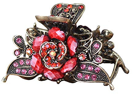 Fodattm Pince à cheveux rétro pour femme - Rose imitation turquoise - En alliage et strass - Antidérapante - Rouge