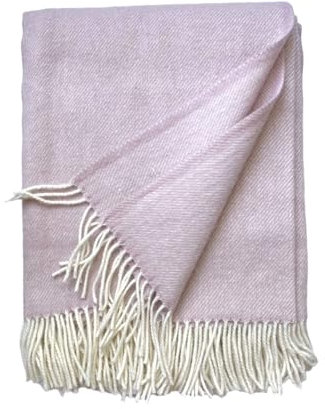 JOWOLLINA Wolldecke Plaid mit Fransen 100% Schurwolle (145x180 cm, Uni Soft Rosa)