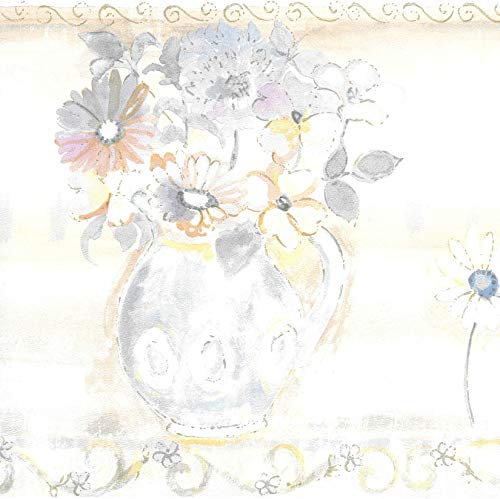 Dundee Deco BD6044 Tapeten Bordüre, vorgekleistert, Blumenmuster, Rosa, Gelb, Blau, Grün, Pastell-Blumen in Vase, Wandbordüre, Tapetenbordüre Retro-Design, 4,57 m x 26,67 cm