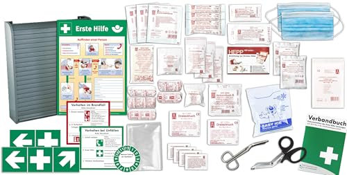 Erste Hilfe Schrank-Medizinschrank-Verbandschrank (420x100x480) -Komplettpaket- Füllung nach AKTUELLER DIN/EN 13157 (Betriebe) + viele Extras INKL. Verbandbuch + Aushang + Folienaufkleber (silber)