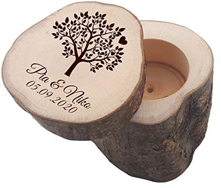 Ringkissen/Ringbox aus Holz mit Schiebedeckel + persönlicher Gravur | Hochzeit | Schatulle | Etui für Eheringe (Motiv 02 - Baum)