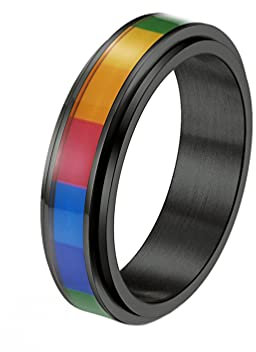 PAMTIER Herren Damen Edelstahl Regenbogen Spinner Ring LGBT Pride Flag Ringe für Homosexuell Lesben Schwarz Größe 57