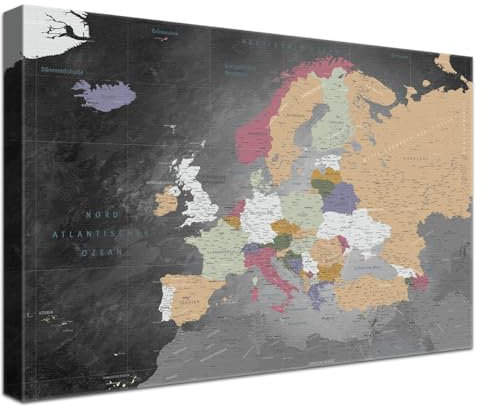 LANA KK - Luxus Pinnwand Europakarte - Schiefer Grau - Deutsch - in 120 x 80 cm, stabile Rückwand zum Pinnen inkl. Starterkit - Leinwand-Kunstdruck Wandbild Landkarte XXL