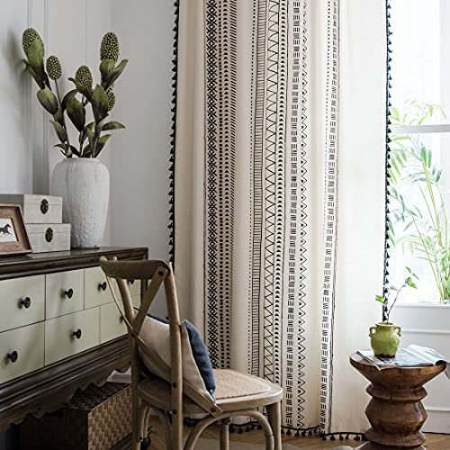 Xlabor Boho Vintage Gardinen mit Quaste Halbverdunkelungsvorhänge mit Ösen Baumwolle Leinen Dekoschal für Wohnzimmer Schlafzimmer 1er-Pack Motiv-A 150 x 160 cm