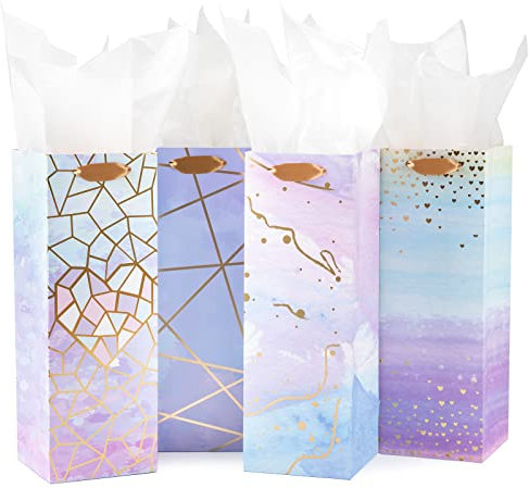 Loveinside Coated Medium Size Wine Gift Bags - Colorful Marble Pattern Bag With Tissue Paper for Birthday, Shopping, Parties, Holiday - 4 Pack - 11.43 x 11.43 x 33 cm