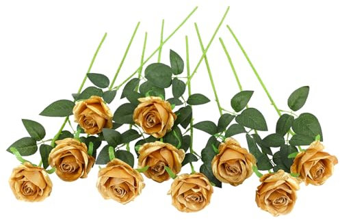 JUSTOYOU 10 rose artificiali in seta a gambo singolo per bouquet da sposa (dorato)