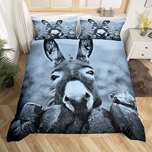 Lustiges Esel-Bettwäsche-Set für Doppelbett, Bauernhoftiere, Bettdeckenbezug, Grau, Retro-Esel, Bettbezug für Kinder, Jungen, Teenager, Erwachsene, Herren, Schlafzimmer, weiche Mikrofaser, Tagesdecke