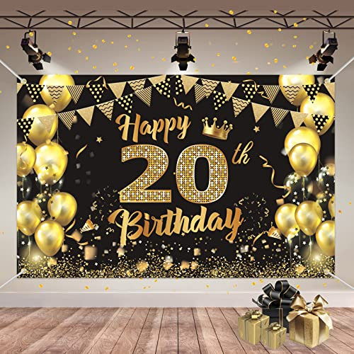 20 Geburtstag Deko Schwarz Gold, Geburtstagsbanner 20, Geburtstagsdeko Mädchen und Jungen, Banner 20 Geburtstag, Deko 20. Geburtstag Mädchen, Foto Hintergrund Poster für Geburtstag Party Deko