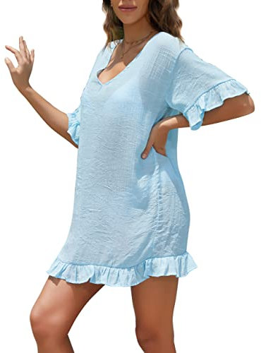 FANCYINN Damen Sommer Casual T-Shirt Strandkleid V-Ausschnitt Casual Lose Sommer Mini Kleid Badeanzug Bikini Cover Up Blau XL