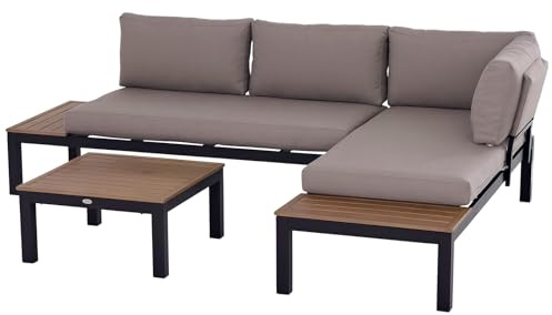 Outsunny Ensemble Salon de Jardin d'angle Design Contemporain 5 Places Coussins Marron Table Basse alu. Noir et Imitation Bois