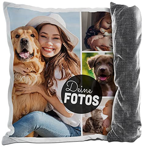 PR Print Royal Kissen mit Fotocollage selbst gestalten - mit 4 Fotos Personalisieren - Geschenk für Familie und Freunde | Rückseite Schwarz Gemustert, inkl. Kissenfüllung, 40x40cm