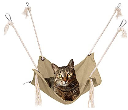 Katzenhängematte, atmungsaktive Haustierkäfig-Hängematte, Katzenhängebett mit Metallkarabinern und Quasten, Katzen Hängematte für Käfig, Hängematten für Kätzchen, Kaninchen, kleine Hunde (Khaki)