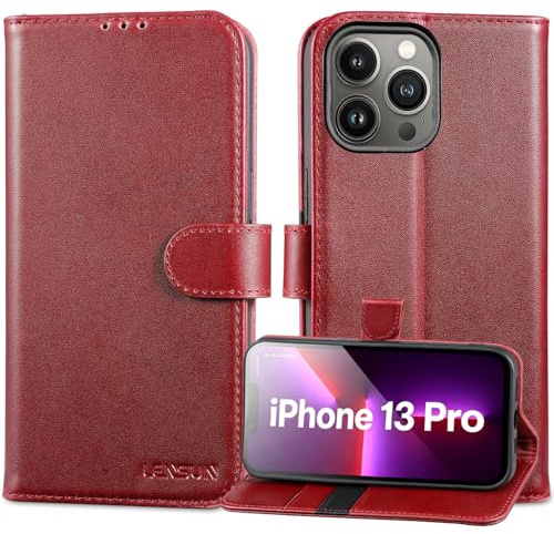LENSUN Echtleder Hülle für iPhone 13 Pro, Flip Cover - Weinrot | Handyhülle Echtes Leder, Kartenfach mit RFID Schutz, Bookstyle Handytasche, Hochwertig Lederhülle