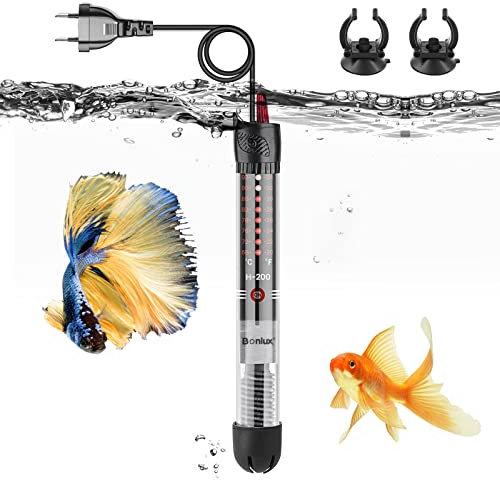 Bonlux 100W Chauffage D'aquarium, Température Réglable Chauffage Submersible pour Aquarium pour Eau Douce et Eau Salée avec 2 Ventouses Jusqu’ à 120L D’Eau, avec EU Plug (Paquet de 1)