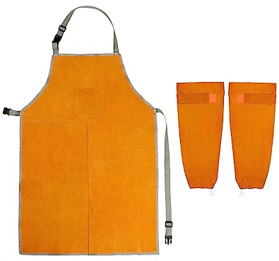 QWORK Welding Apron& Sleeves, Welding Work Protectors Set, Heat and Flame Resistant Leather Work Shop, Blacksmith Protective or Safety Clothing, Welders, Fireplace, Gardening, BBQ Apron, Bib Apron