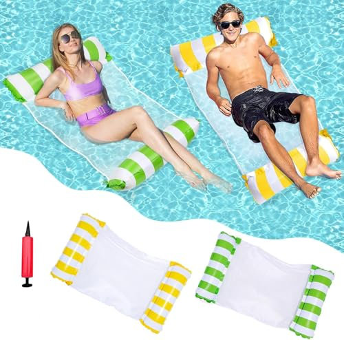 Pool Float Hammock 2 Pack,Inflatable Water Hammock Bed Swimming Pool Float Chair Bed with Infloator Pump for Swimming Pools Hot Tub Beach Summer (Green+Yellow)