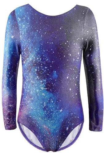 XiaoMoSha Gymnastics Leotards for Girls Long Sleeve Dance Leotard Sparkle Ballet Dancewear for Little Girls,BlueGalaxy,7-8 Years