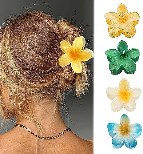 IOSPKKIO® 4 Pcs Fleur Pinces à Cheveux Maintien Fort Grandes Pinces à Griffe pour Cheveux Épais Pinces à Cheveux Antidérapantes Hawaïen Fleur Pinces à Griffe Élégant