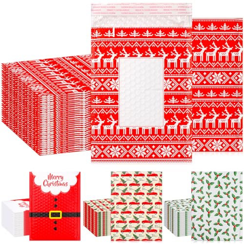 Cholemy Luftpolster-Versandtaschen für Weihnachten, 17,8 x 22,9 cm, mit beschreibbarem Bereich, Weihnachten, Rentier, Stechpalme, Poly-Luftpolster-Versandtaschen mit selbstklebendem Streifen, 60 Stück