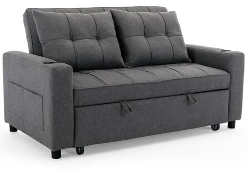 More4Homes HUDSON 2-SEATER SOFA BED LINEN FABRIC WITH CUP HOLDERS GREY