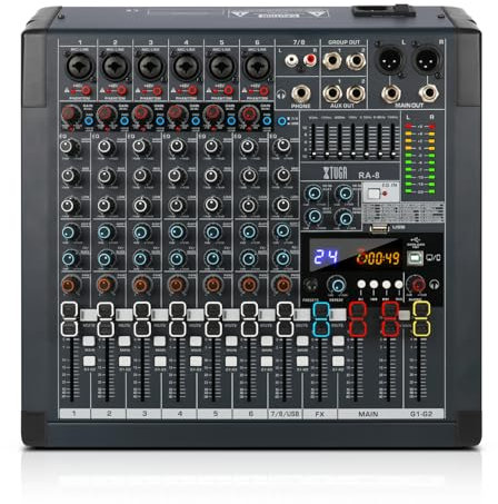 XTUGA RA-8 Mezclador de audio profesional mezclador de audio de 8 canales con botón silenciador ecualizador 7 bandas Bluetooth MP3