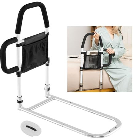 COSTWAY Bettgitter Rausfallschutz Erwachsene, Aufstehhilfe mit 2 Handlauf & Tasche & Befestigungsgurt, bis 136kg, Seitenschutz Bett Bettgriff Bettgeländer, Schutzgeländer für Ältere Schwangere, Silber