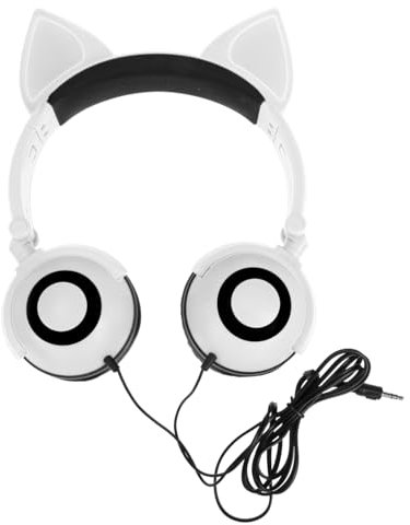 Angoily Cat Ear Headphones for Kids Girls Boys, On-ear LED Light up Headset with Built-in Microphone, Foldable White Earphones for Travel and Cellphone Use
