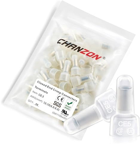 Chanzon Pure Copper CE5 Closed End Crimp Connector for 12-10 AWG Gauge Nylon(PA) Cap Insulated Core Splice Wire Crimping Terminal (50pcs)