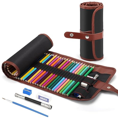 VICHOS 48 Profi-Bundstifte, Buntstifte Set mit Rollmäppchen, Soft Core Premium Buntstifte für Erwachsene und Kinder, Negro