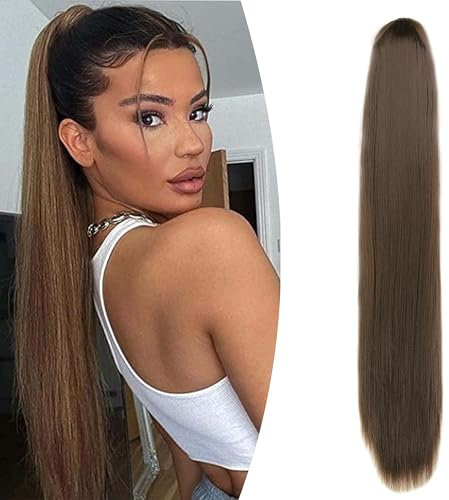 Gairyan 60cm Pferdeschwanz Haarteil Zopf Extensions Lang Glatt Klammer Claw Clip in Ponytail Extensions Synthetik Haare Extensions Gerade Haarteil Haarverlängerung für Frauen (Chestnut Brown)