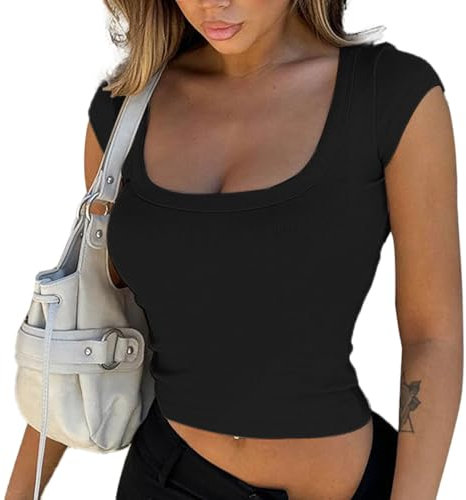 EMOTTOS Mujeres Y2k Slim Tops, Verano Sexy Cuello Cuadrado sin Mangas Vest Tops, Slim Fit Off-Shoulder Crop Top Camisola(Negro-S)