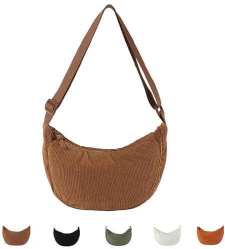 Cord Crossbody Bag für Damen, Cord Halbmond Tasche Umhängetasche Crossbody Moon Bag Hobo Halfmoon Bag Kord Schultertsche für Arbeit Einkaufen Schule Arbeit Shopping (Braun-2)