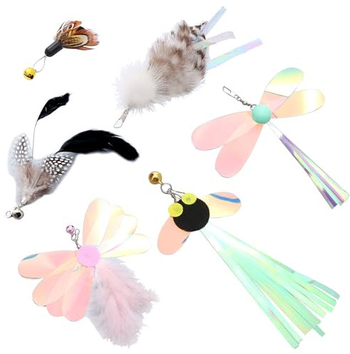 Hayaww 6 Stück Katzenangel Ersatzanhänger Katzenspielzeug Feder Cat Feather Toys Ersatz Interaktive Katzen SpielzeugInteraktives Katzenangel Ersatzfedern mit Anhänger Feder Glocke (A)