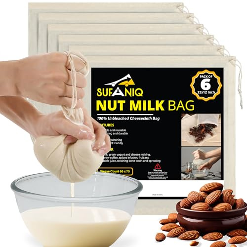 Nussmilchbeutel – 6 Stück (30,5 x 30,5 cm) 100% ungebleichte Baumwolle Käsetuchbeutel zum Abseihen, Premium-Qualität Nussmilchbeutel wiederverwendbar, Nussbeutelsieb für Mandel, Soja, Hafermilch,