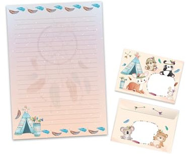 Briefpapier-Set Briefblock mit Umschlag für Jungen Mädchen Kinder Tiere Indianer Tipi (Block A4 mit 25 Blätter + 15 Umschläge)