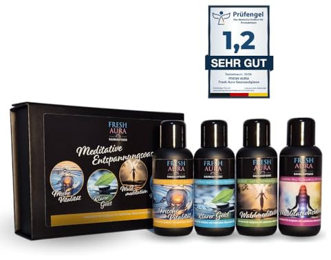FRESH AURA Saunaaufguss Set – Sauna Aufgussmittel Geschenkset 4 x100 ml mit natürlichen ätherischen Ölen – Sehr ergiebige und langanhaltende Saunadüfte – Meditative Entspannungsoase | Made in Germany