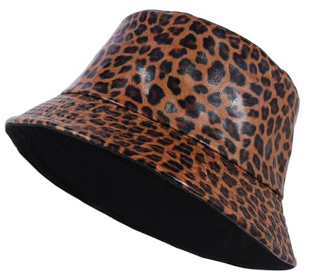 JJDreams Leopardenmuster Fischerhut,Sonnenhut für Damen und Herren,Reversibel Fischerhüte PU Anglerhut,Modischer Fischerhut,Kaffee
