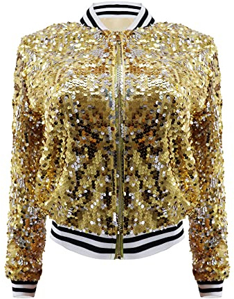 yolsun Damen Pailletten Jacke Mardi Gras Sparkle Bomber Blazer Mantel mit Langarm Erwachsene für Karneval Party