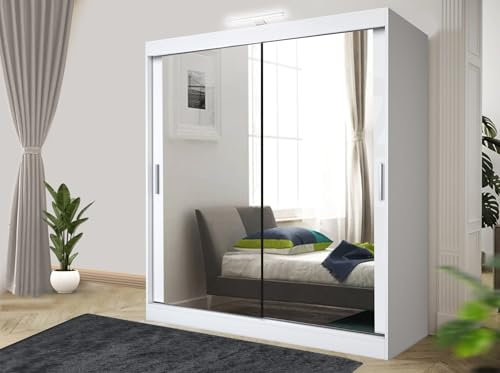 Track-D Stylish Bedroom Sliding Wardrobe with LED Light - Ample Storage Space and Sleek Design comes in White/Grey/Black/Oak and Width 100cm/120cm/150cm/180cm/203cm/250cm (White, 120cm)