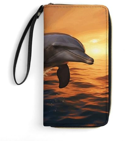 HKMNTGD Damen-Geldbörse, Leder, bedruckt, Golden Retriever und Blumen, Reißverschluss, Kreditkartenhalter, Handy-Clutch, Dusk Dolphin, 19.7x10.5cm