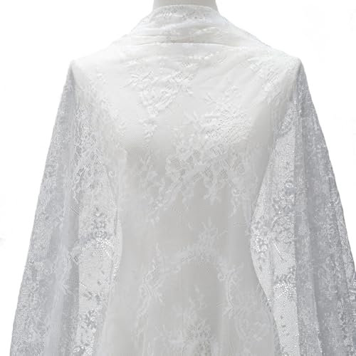 CABODYALS 150CMx300CM Weißer Weicher Seidenstoff Bestickter Spitzenstoff Tüll Genähter Stoff Meterware Vintage Netzmuster Stickstoffe Zum Nähen Herstellen von DIY Partykleidern Und Tischdeckenzubehör