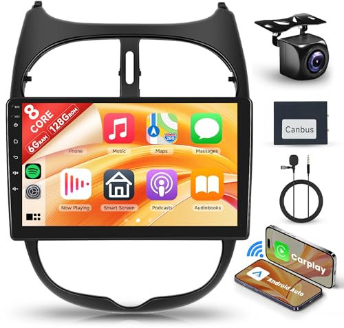 [8 Core 6+128G] Android Radio Coche para Peugeot 206 206CC 206SW 2000-2016 Citroen C2 2013-2018 9 Pulgadas Pantalla con Wireless Carplay Android Auto GPS WiFi Mirror Link Bluetooth FM/RDS/EQ/SWC