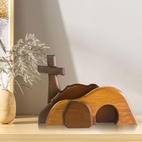 Osterdeko Leere Grab Ostern Szene und Kreuz Deko, DIY Holz Ostern Deko Auferstehung Szene Kreuz Jesus Grab Tablett Set, Jesus Krippe Dekoration für Deko Wohnzimmer Tischdeko Ostergeschenke (A)