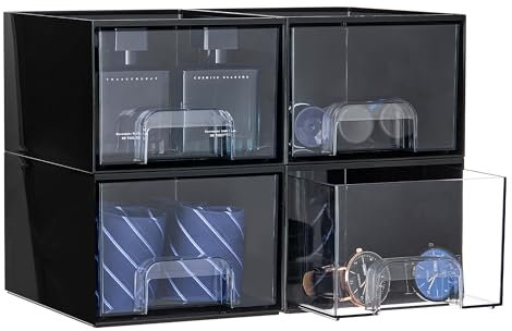 Vtopmart 4 Pack Schwarz Stackable Storage Drawers, 11.17cm Hoch Männer Parfüm Organiser, Aufbewahrung und Organisation for Schreibtisch, Bathroom, Kosmetik, Badezimmerschrank,Geschenke für Männer