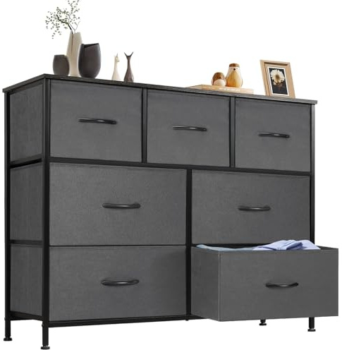 DUMOS Cómoda para Dormitorio con 7 cajones de Tela, Organizador Alto para Ropa, Armario, habitación Infantil, Torre de Almacenamiento con Armario Marco de Metal, Placa de Madera, Muebles Ligeros para