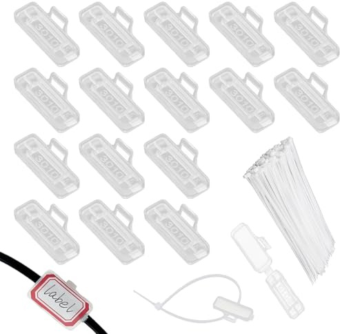 RHQFDM 60-Piece Cable Label Holder Set,3×1cm Transparent Wire Labelling Clips,with 60Pcs Nylon Cable Ties,Protection and Identification for Indoor and Outdoor Wire Labels(3010)