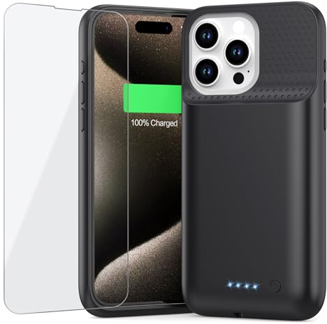 QTshine Battery Case for iPhone 15 Pro Max, [2025 Upgraded] 8600mAh Portable Charger Case, Anti-Fall Protection Rechargeable Extended Charger Cover for iPhone 15 Pro Max (6.7inch) Black