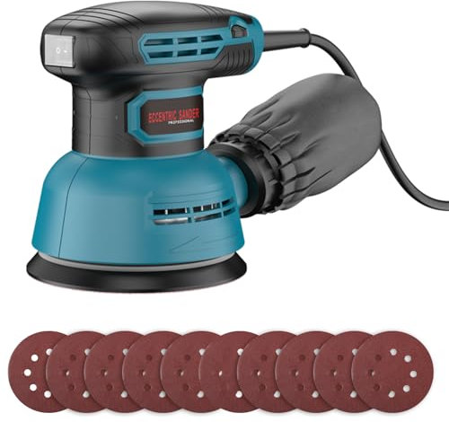 Ponceuse orbitale électrique 125 mm 300 W, ponceuse de polissage 6 vitesses pour le travail du bois avec 10 papiers de verre P80, bac à poussière, ponceuse pour le polissage du bois DIY